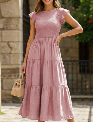White solid color cross-border sleeved dress from My Store, featuring a stylish design and fitted silhouette.