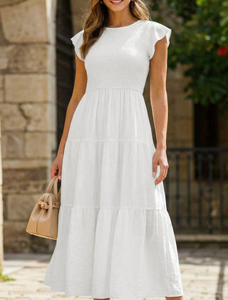 White solid color cross-border sleeved dress from My Store, elegant design with long sleeves and a fitted silhouette.
