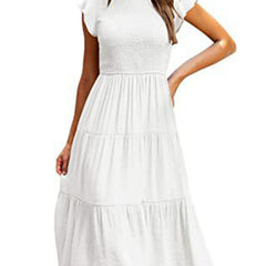 White solid color cross-border sleeved dress, stylish and elegant, designed by My Store, shown on a model with a simple background.