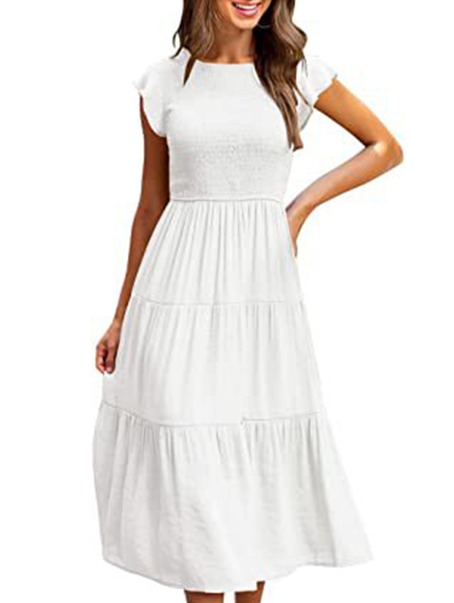 White solid color cross-border sleeved dress, stylish and elegant, designed by My Store, shown on a model with a simple background.