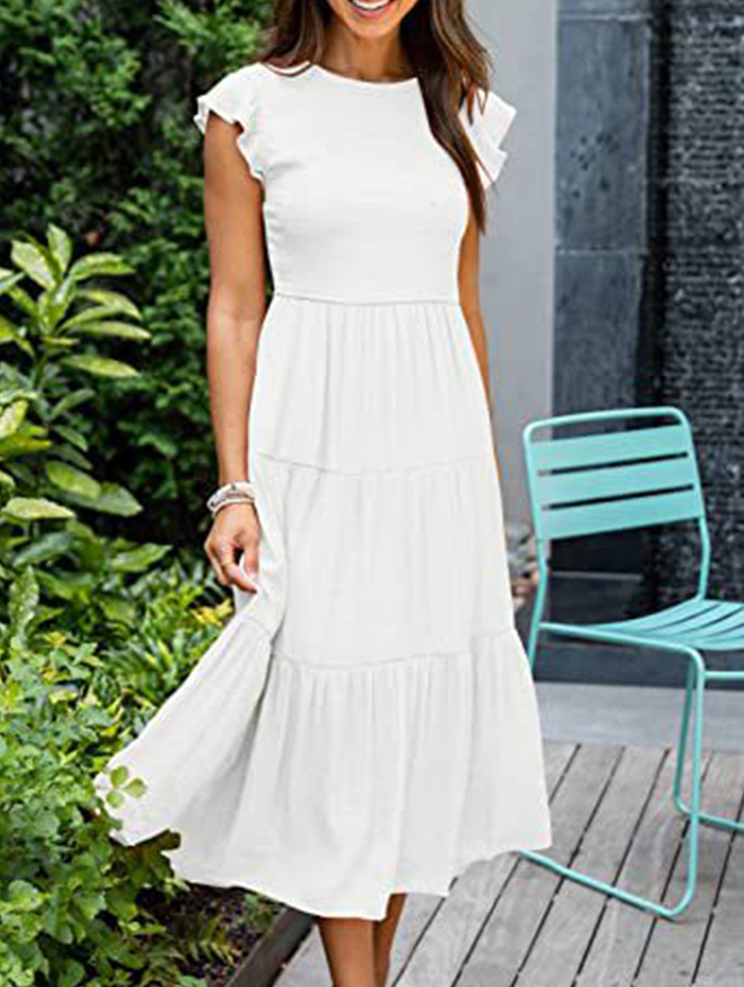 White solid color cross-border sleeved dress from My Store, featuring a stylish and comfortable design for versatile wear.
