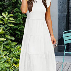 White solid color cross-border sleeved dress by My Store, sleeveless design with elegant cross-border detail, perfect for casual or formal wear.