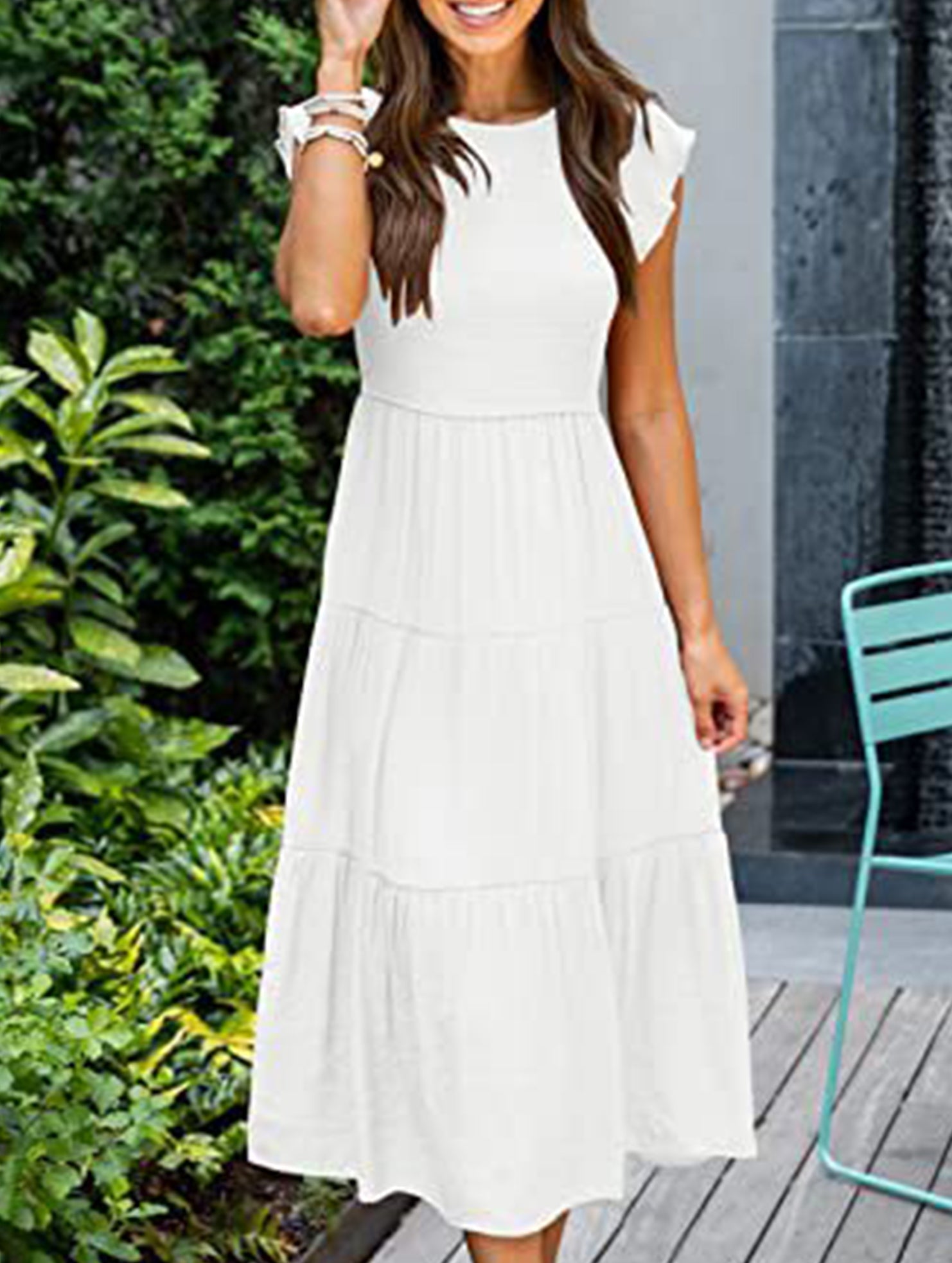 White solid color cross-border sleeved dress by My Store, sleeveless design with elegant cross-border detail, perfect for casual or formal wear.