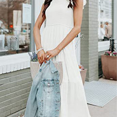 White solid color cross-border sleeved dress from My Store, featuring a stylish design and elegant fit.