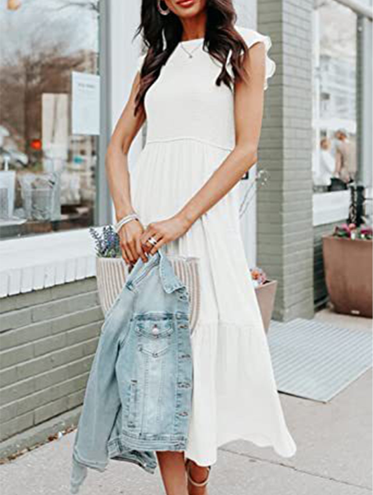White solid color cross-border sleeved dress from My Store, featuring a stylish design and elegant fit.