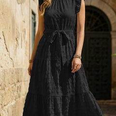 Black ruffled flutter sleeve tie-textured dress from My Store, featuring elegant detailing and a stylish silhouette.