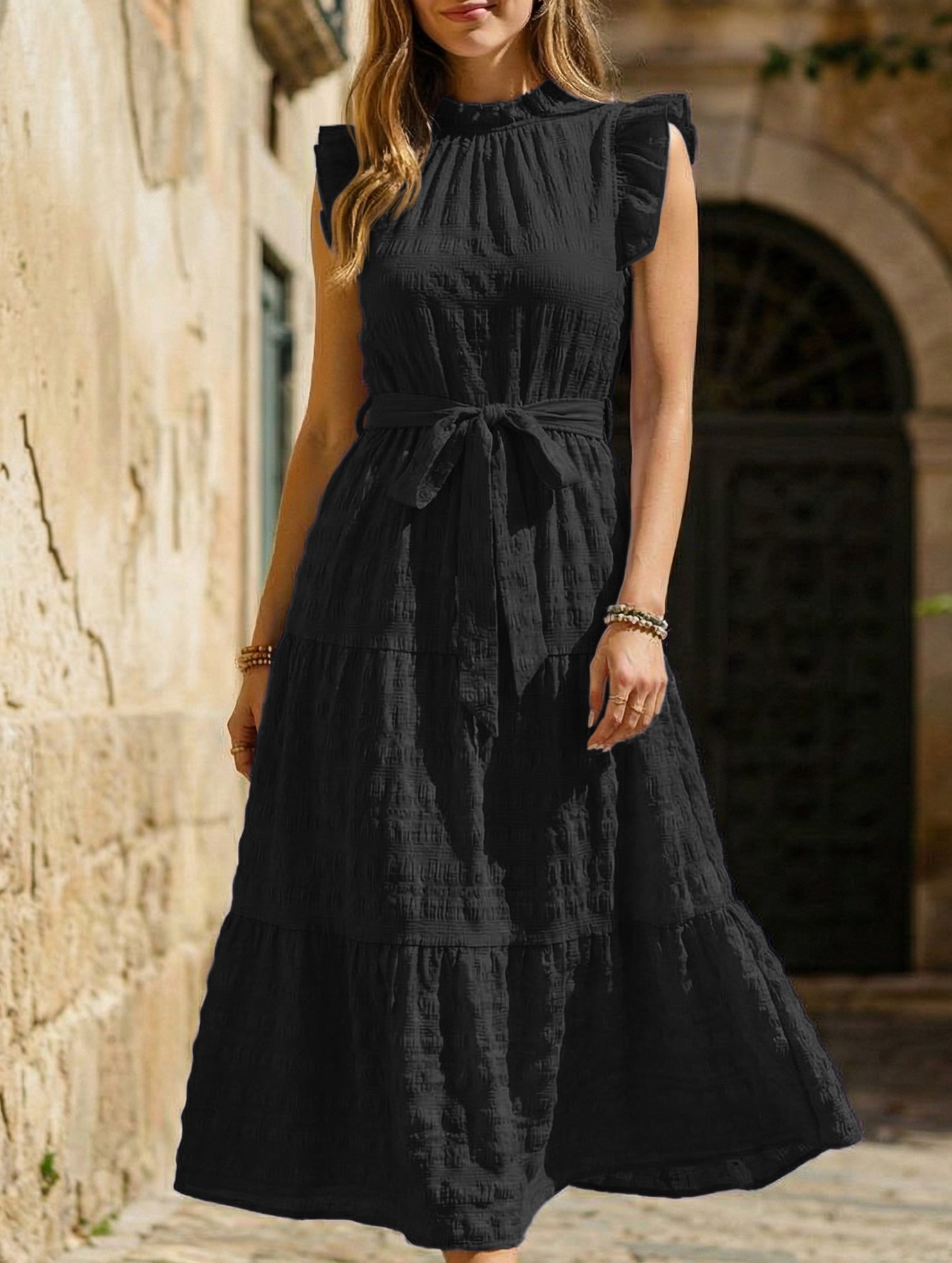 Black ruffled flutter sleeve tie-textured dress from My Store, featuring elegant detailing and a stylish silhouette.