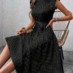 Black ruffled flutter sleeve tie textured dress from My Store, featuring a stylish silhouette and elegant design.