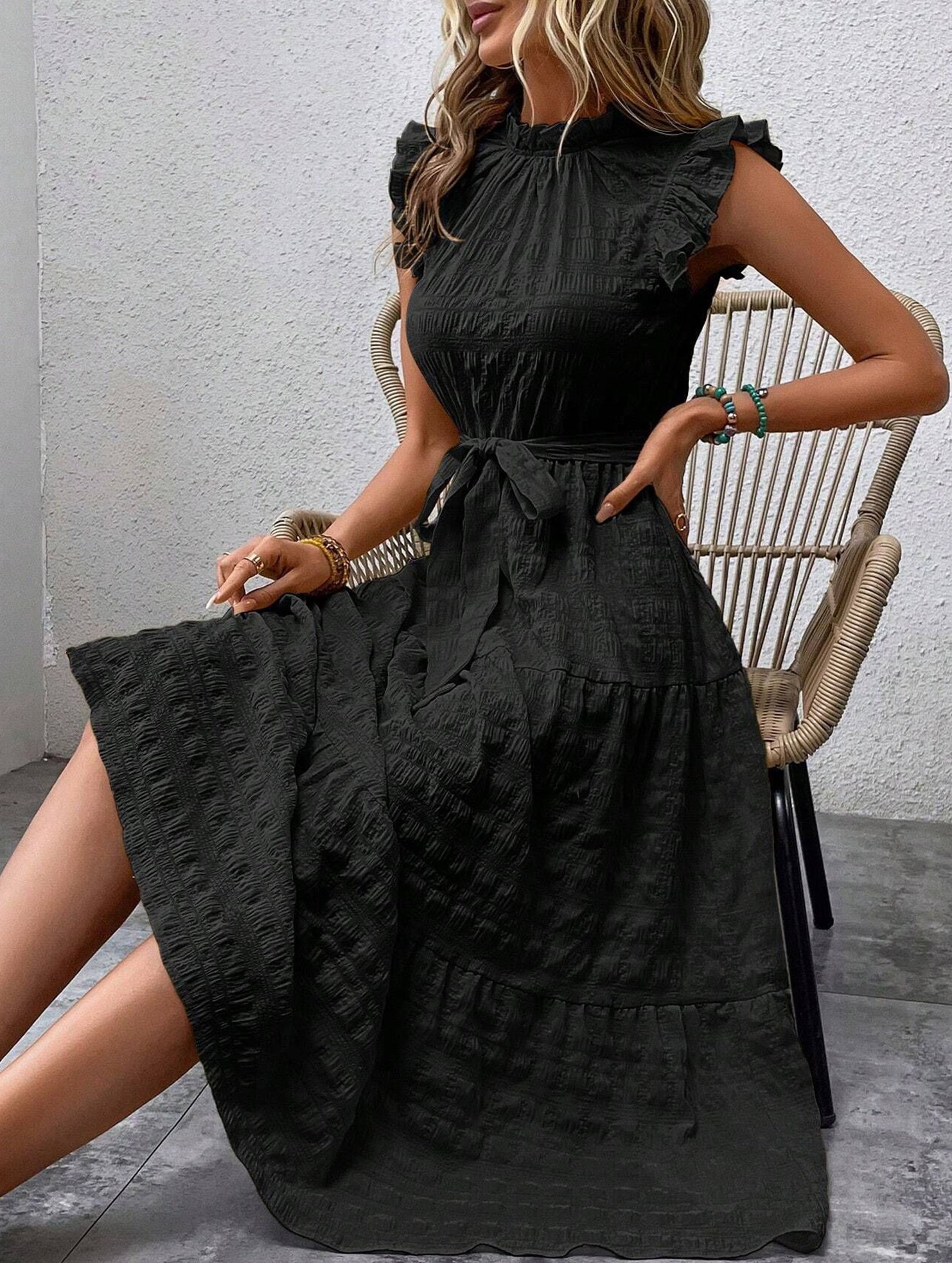 Black ruffled flutter sleeve tie textured dress from My Store, featuring a stylish silhouette and elegant design.