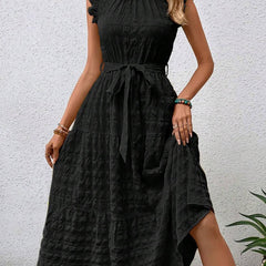 Black ruffled flutter sleeve tie-textured dress from My Store, featuring a stylish and elegant design with a flattering fit.