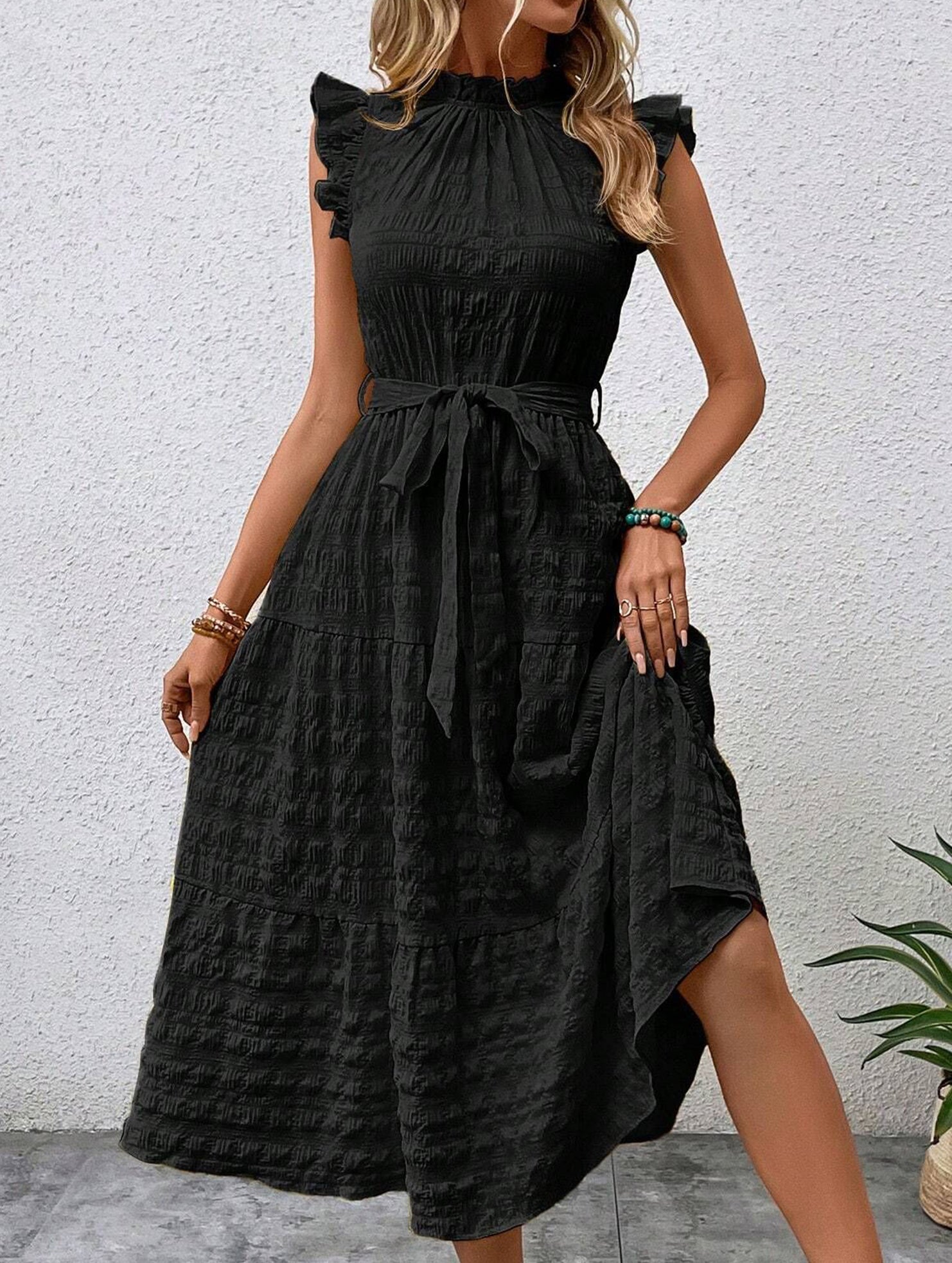 Black ruffled flutter sleeve tie-textured dress from My Store, featuring a stylish and elegant design with a flattering fit.
