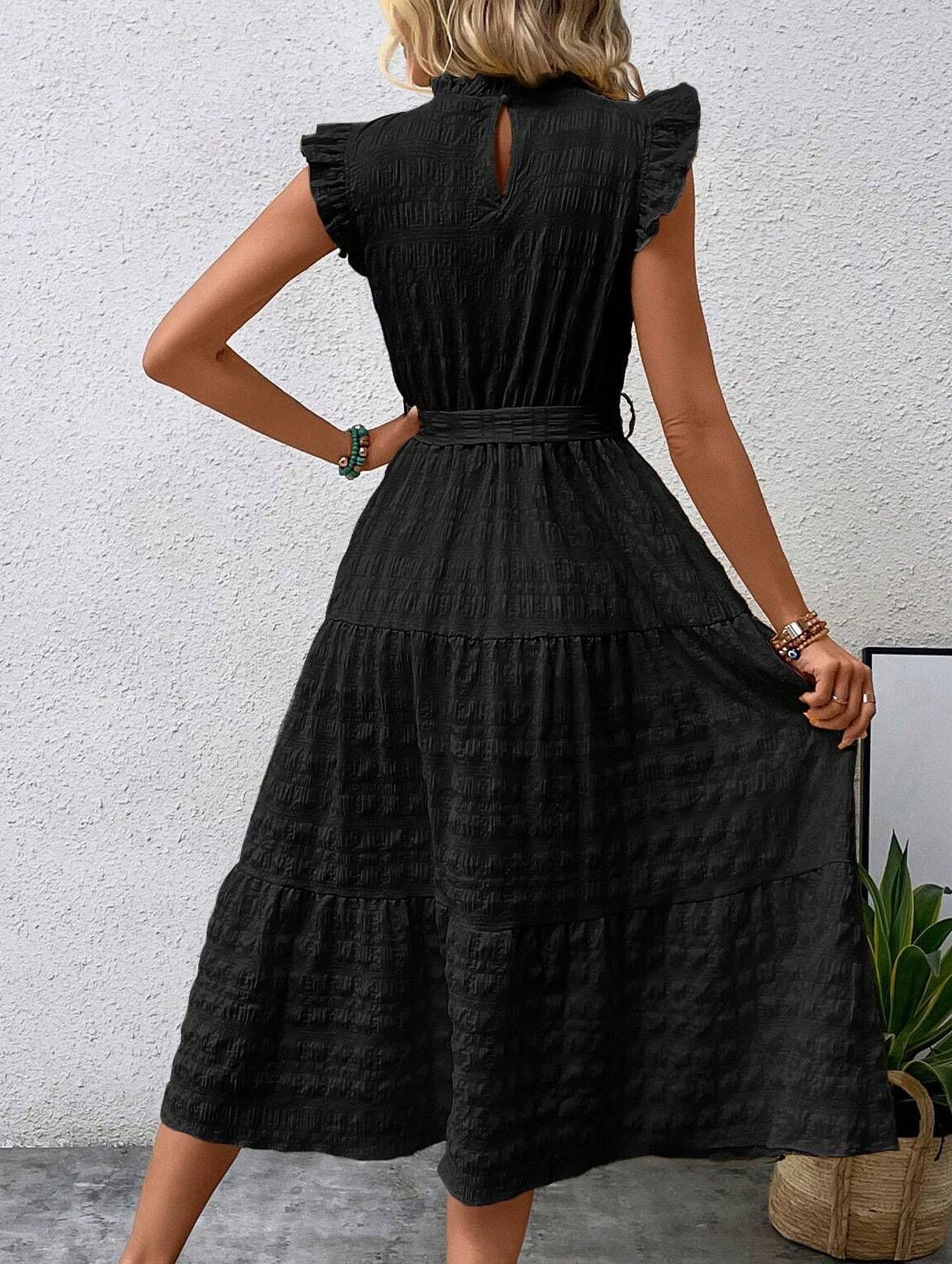 Black ruffled flutter sleeve tie textured dress from My Store, featuring a stylish design and elegant silhouette.