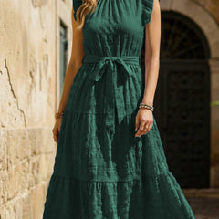White ruffled flutter sleeve tie textured dress from My Store, featuring a stylish and elegant design.