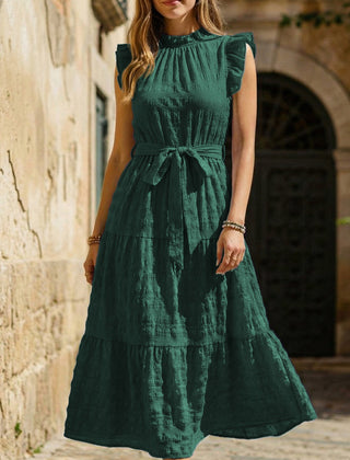 White ruffled flutter sleeve tie textured dress from My Store, featuring a stylish and elegant design.