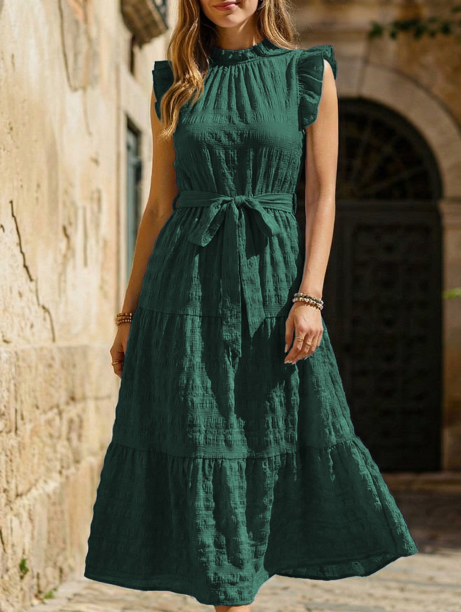 White ruffled flutter sleeve tie textured dress from My Store, featuring a stylish and elegant design.