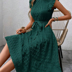 White ruffled flutter sleeve tie textured dress from My Store, featuring a stylish and feminine design for casual or semi-formal wear.