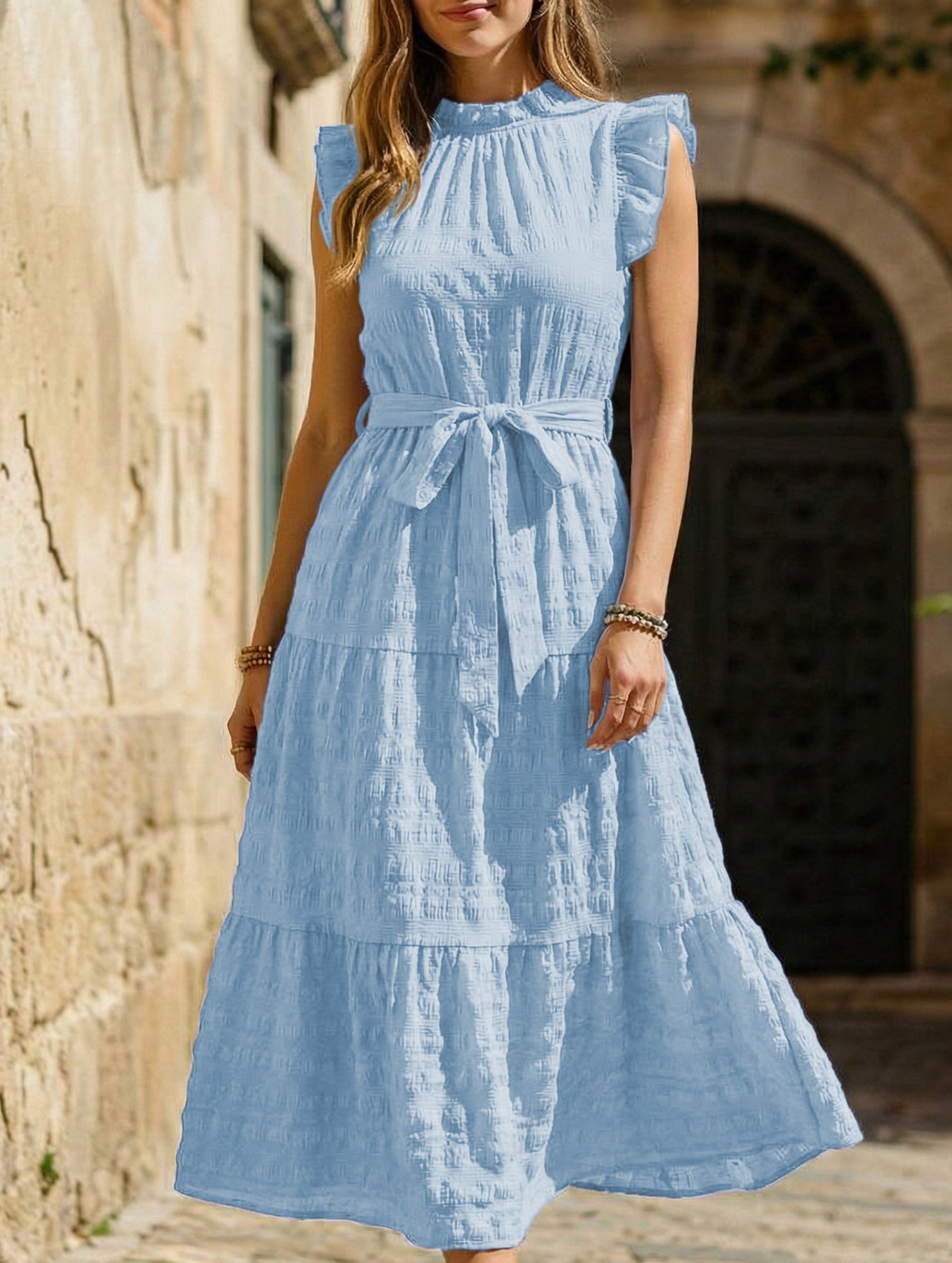 White ruffled flutter sleeve tie textured dress by My Store, featuring a stylish design with elegant details.