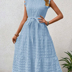 Light blue ruffled flutter sleeve tie textured dress from My Store, featuring a stylish design with delicate ruffles and a fitted waist.