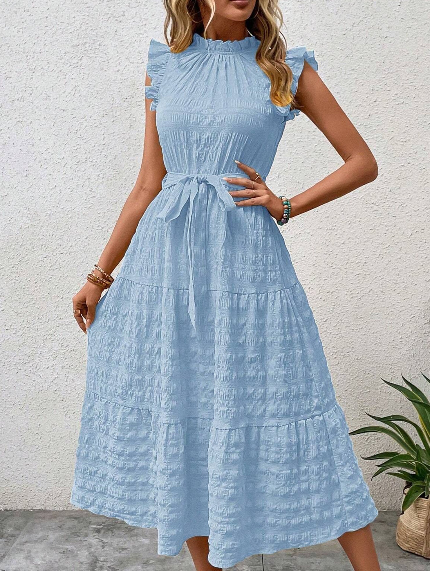 Light blue ruffled flutter sleeve tie textured dress from My Store, featuring a stylish design with delicate ruffles and a fitted waist.