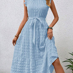 White ruffled flutter sleeve tie textured dress from My Store, featuring a stylish design and soft fabric.