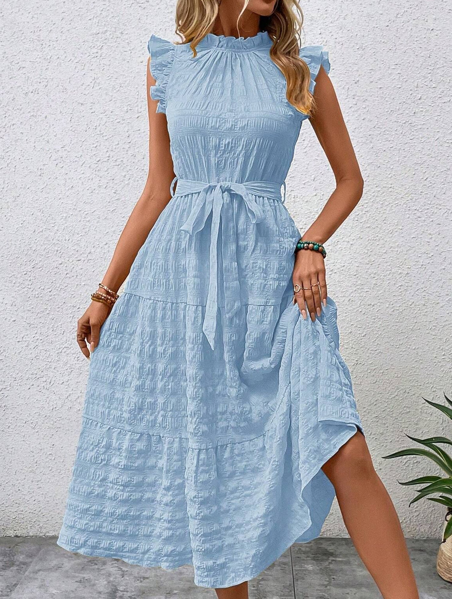White ruffled flutter sleeve tie textured dress from My Store, featuring a stylish design and soft fabric.