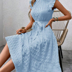 Light blue ruffled flutter sleeve tie textured dress, stylish and comfortable, perfect for casual or semi-formal occasions.