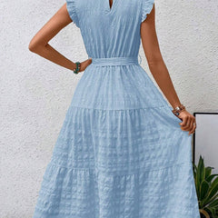 Light blue ruffled flutter sleeve tie dress with textured fabric, stylish and feminine, from My Store.