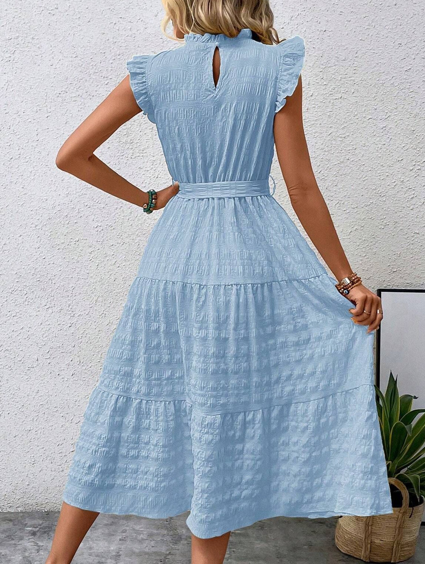 Light blue ruffled flutter sleeve tie dress with textured fabric, stylish and feminine, from My Store.