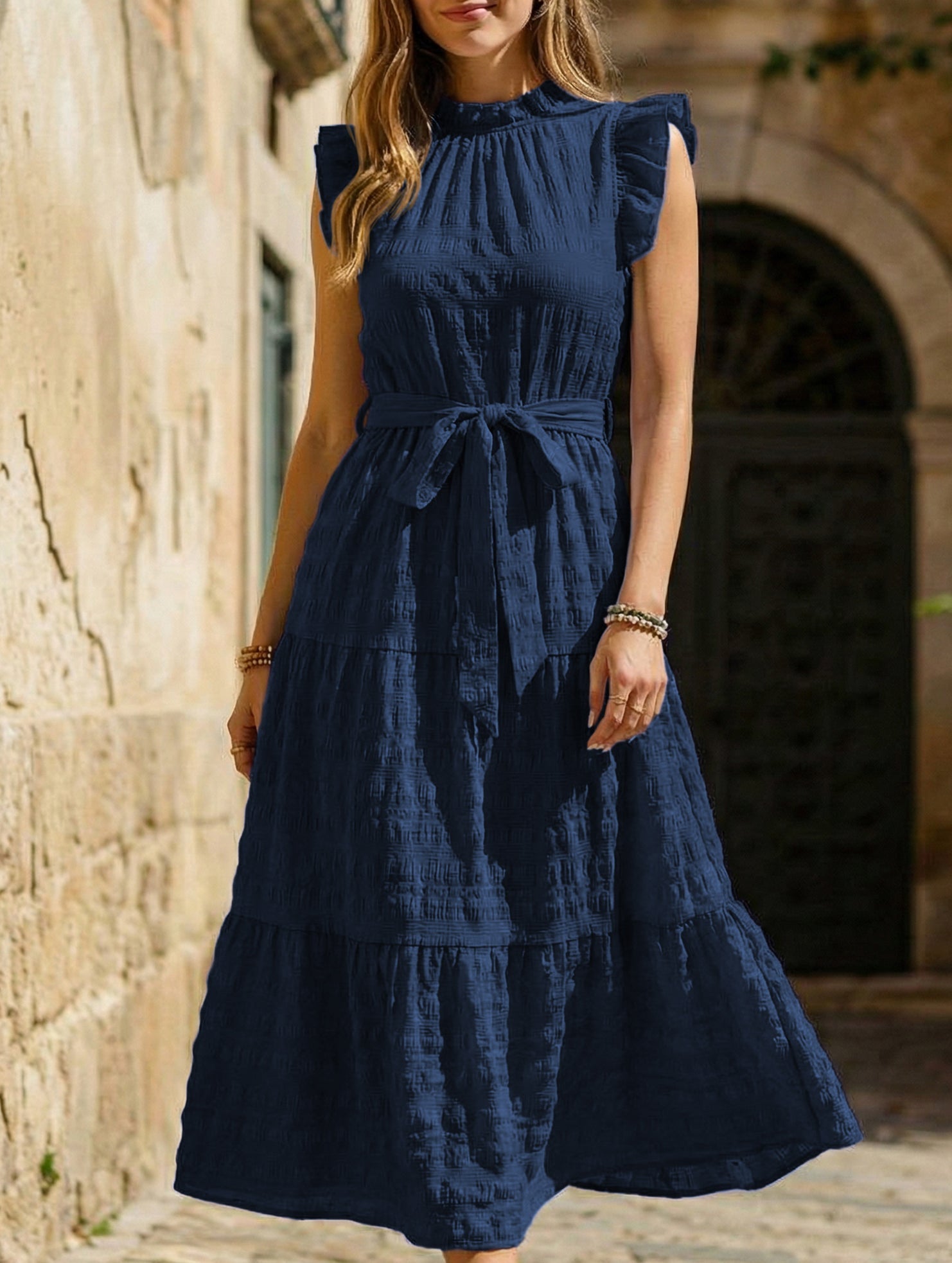 White ruffled flutter sleeve tie textured dress from My Store, featuring a stylish and feminine design with intricate fabric details.
