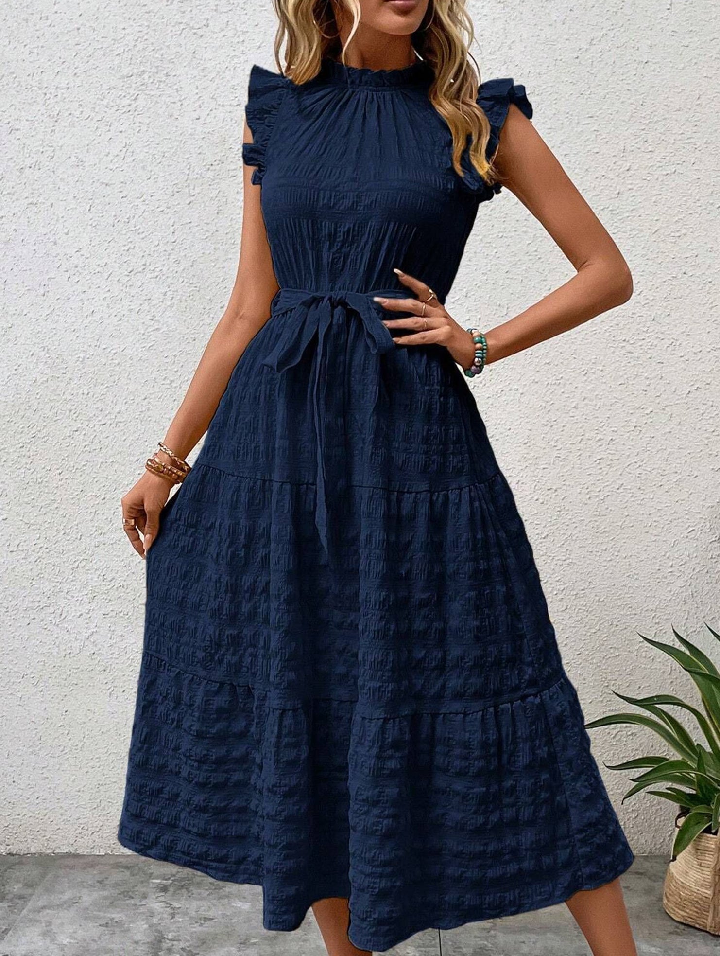 White Ruffled Flutter Sleeve Tie Textured Dress from My Store, showcasing a stylish dress with ruffles and textured fabric.