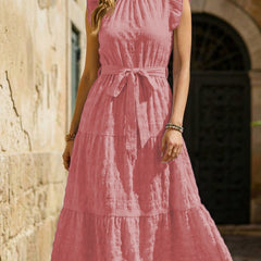 White ruffled flutter sleeve tie textured dress from My Store with a flowy design and elegant details.