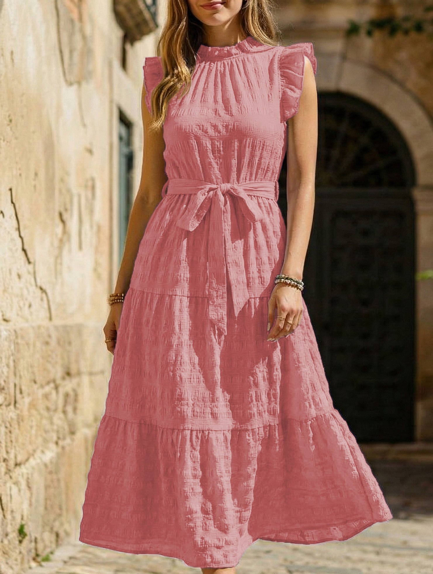 White ruffled flutter sleeve tie textured dress from My Store with a flowy design and elegant details.