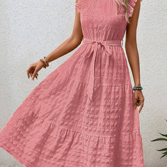 White ruffled flutter sleeve tie textured dress from My Store, featuring a stylish design with elegant details.