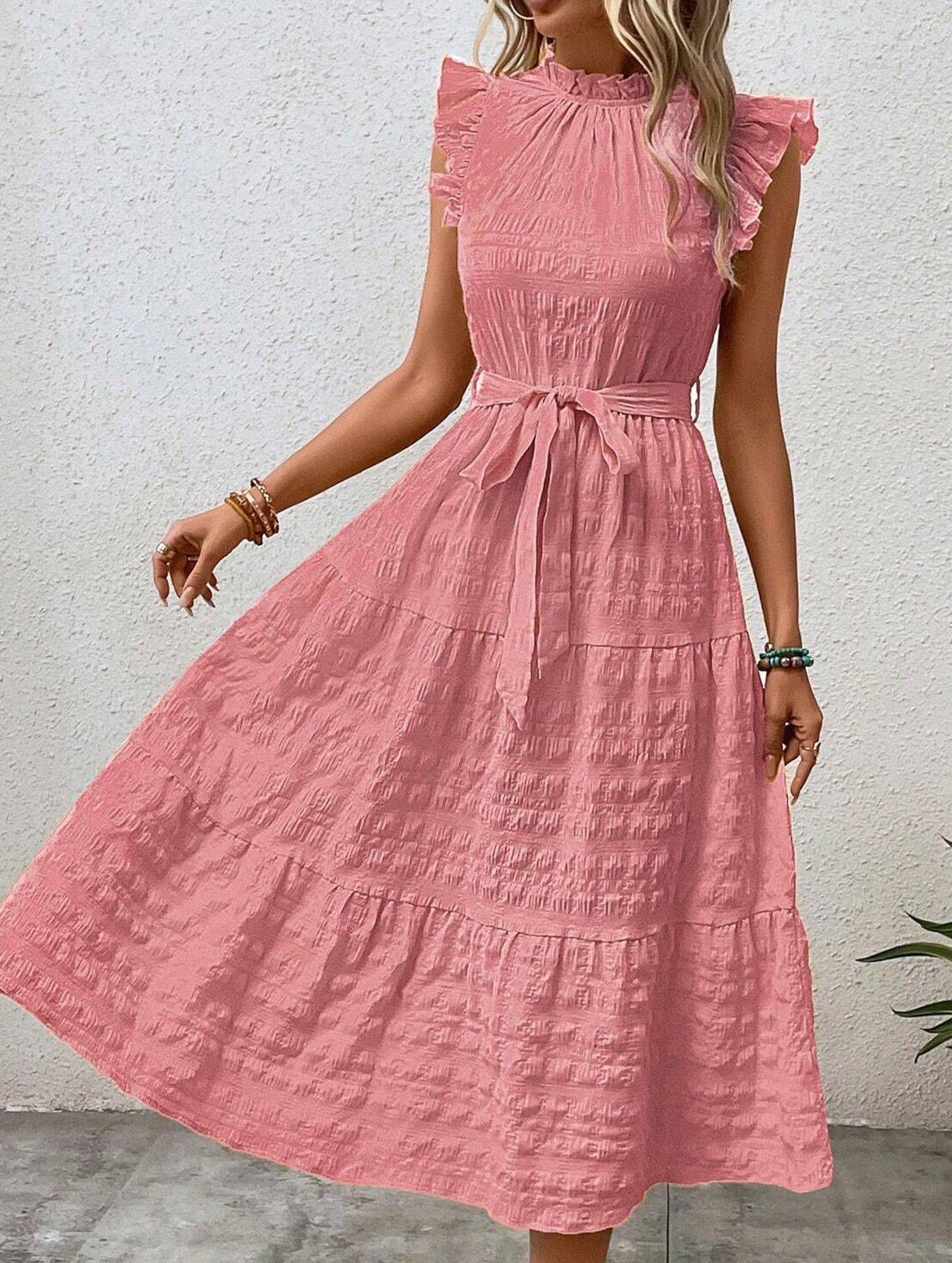 White ruffled flutter sleeve tie textured dress from My Store, featuring a stylish design with elegant details.