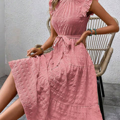 White ruffled flutter sleeve tie textured dress by My Store, showcasing soft fabric and stylish design.