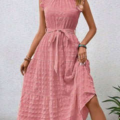 White ruffled flutter sleeve tie-textured dress from My Store with a stylish, feminine design and soft fabric.