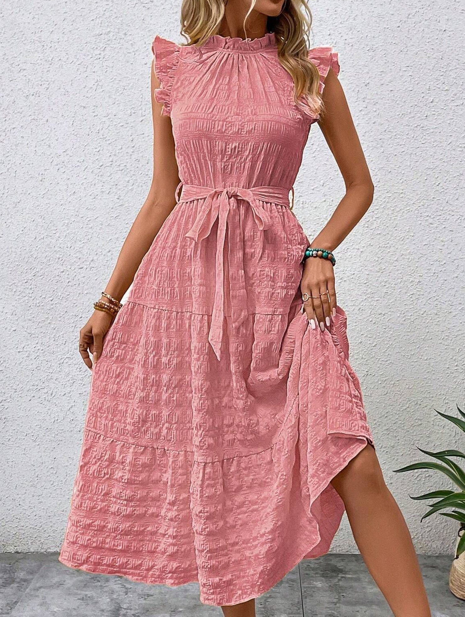 White ruffled flutter sleeve tie-textured dress from My Store with a stylish, feminine design and soft fabric.