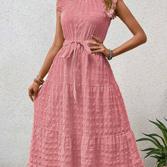White ruffled flutter sleeve tie-textured dress from My Store, featuring a stylish and feminine design.