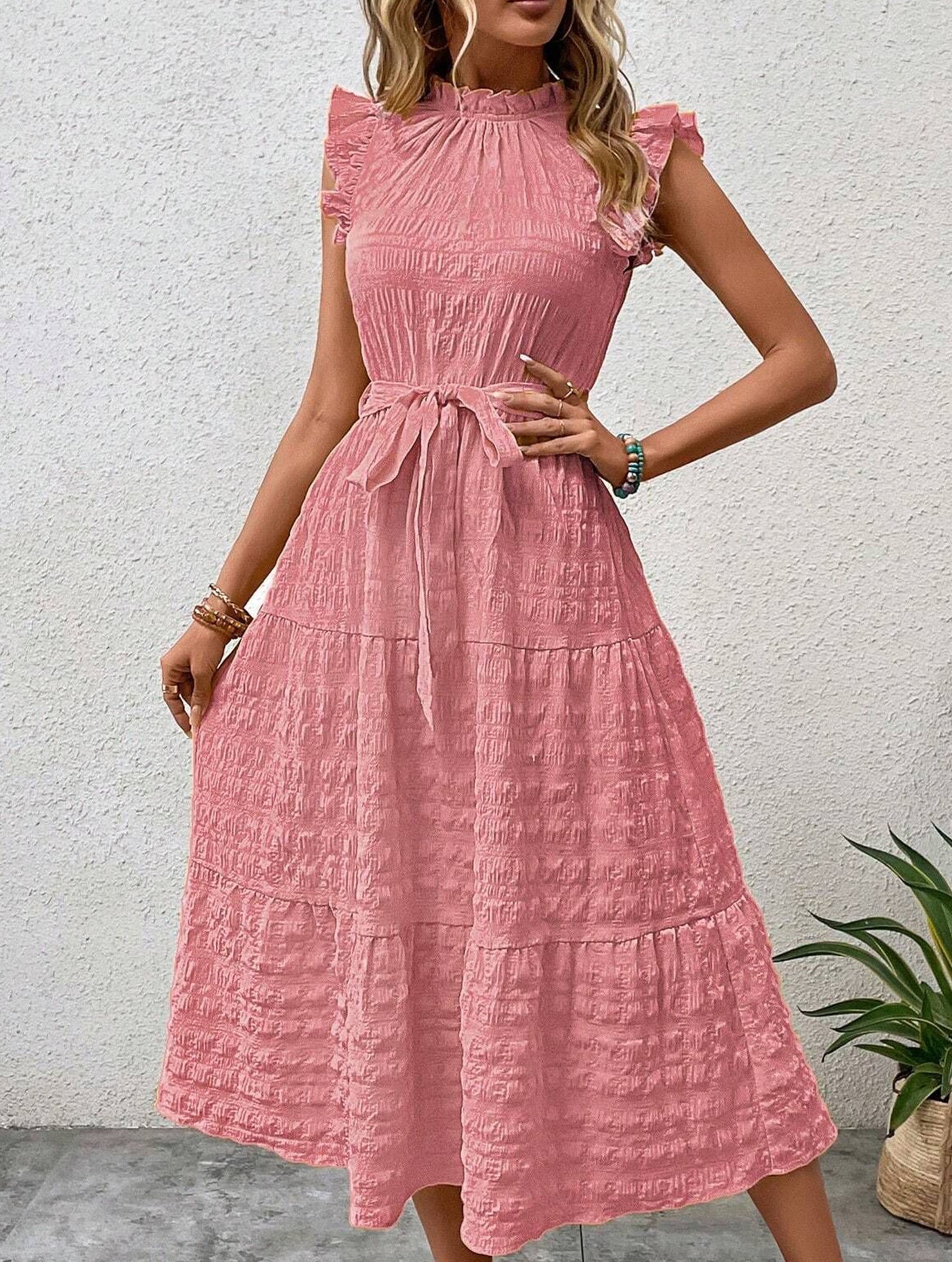 White ruffled flutter sleeve tie-textured dress from My Store, featuring a stylish and feminine design.