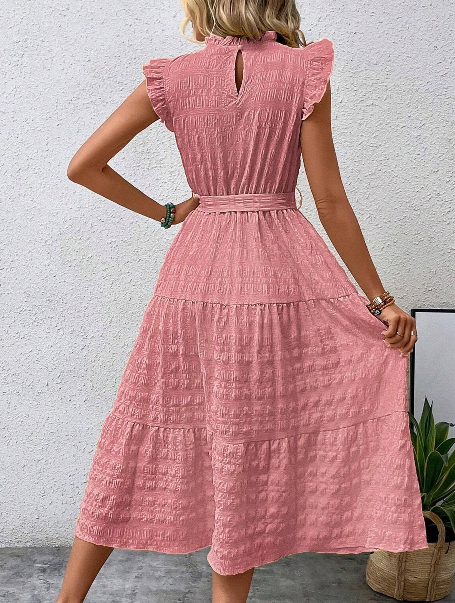 White ruffled flutter sleeve tie textured dress from My Store, featuring a stylish and feminine design with soft fabric and intricate details.