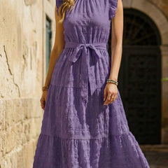 Purple ruffled flutter sleeve tie-textured dress, stylish and elegant, featuring a feminine silhouette and intricate fabric details.