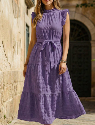 Purple ruffled flutter sleeve tie-textured dress, stylish and elegant, featuring a feminine silhouette and intricate fabric details.