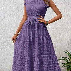 Purple ruffled flutter sleeve tie-textured dress from My Store, featuring a stylish design and elegant fabric details.