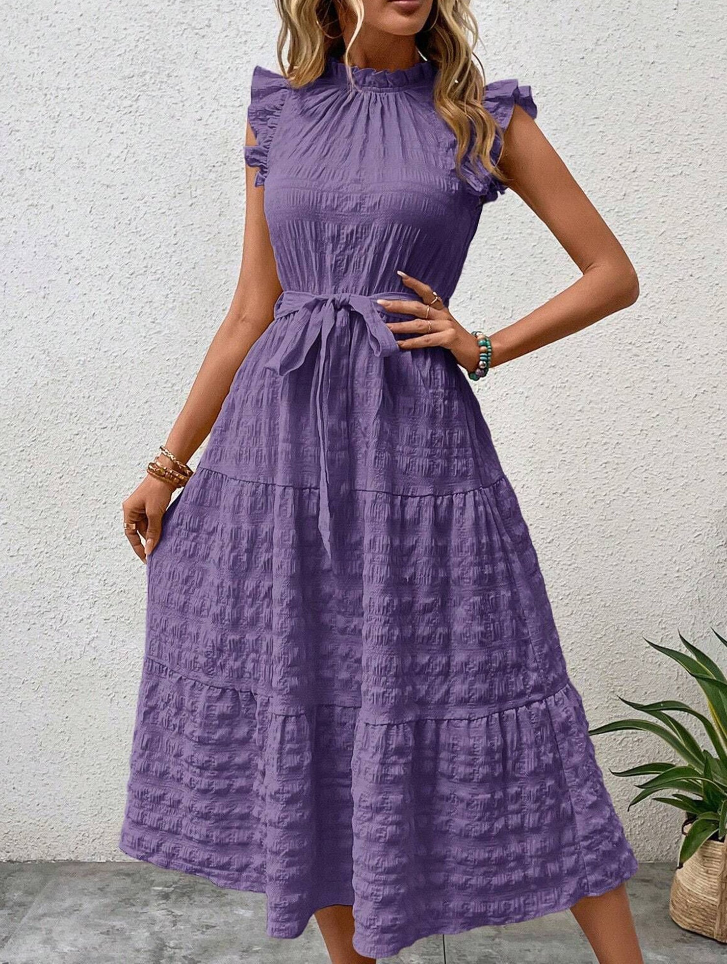 Purple ruffled flutter sleeve tie-textured dress from My Store, featuring a stylish design and elegant fabric details.
