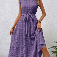 Purple ruffled flutter sleeve tie-textured dress with a feminine silhouette, featuring delicate fabric details and a stylish design.