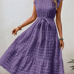 White ruffled flutter sleeve tie textured dress from My Store, showcasing a stylish and feminine design.