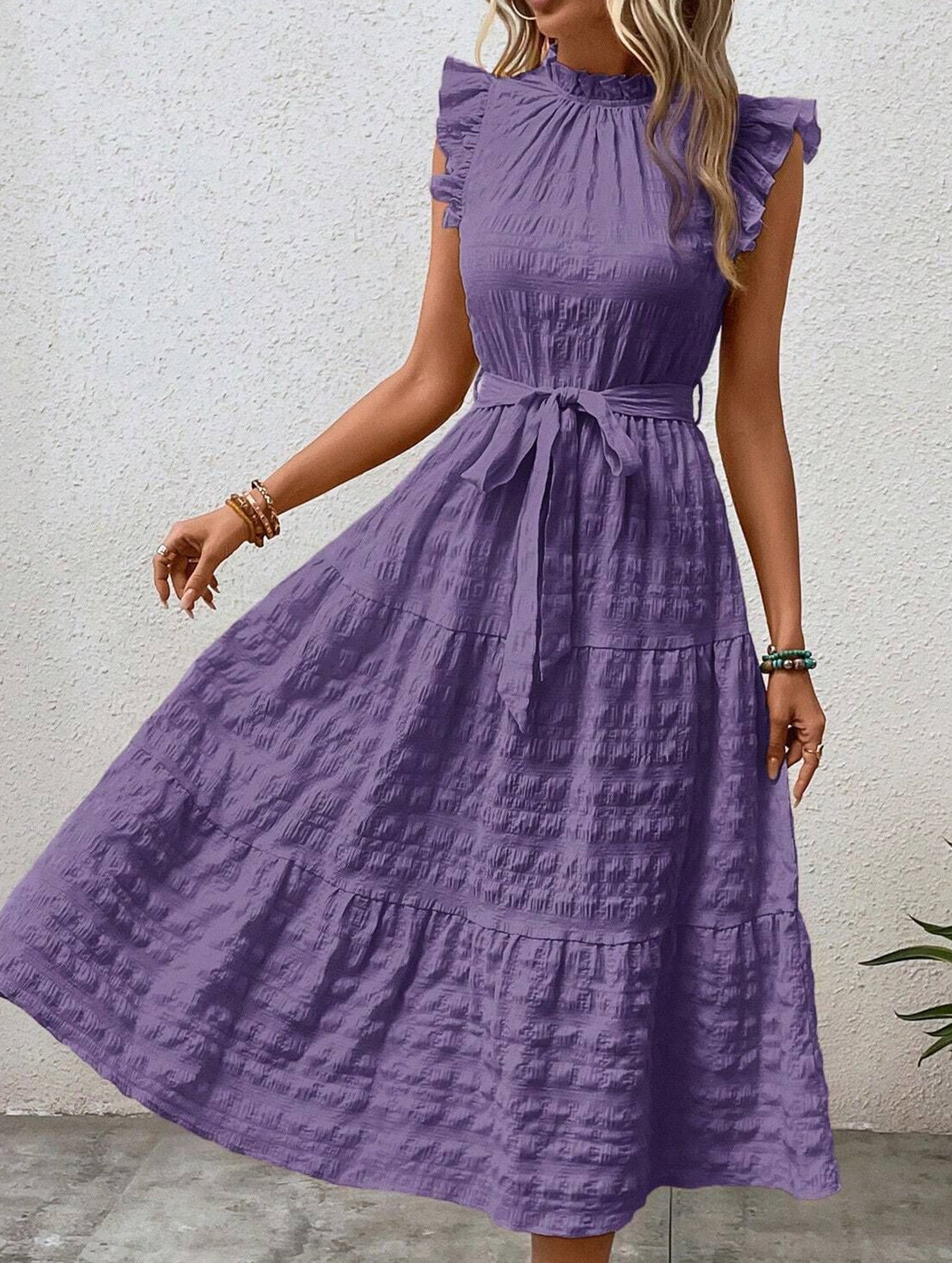 White ruffled flutter sleeve tie textured dress from My Store, showcasing a stylish and feminine design.