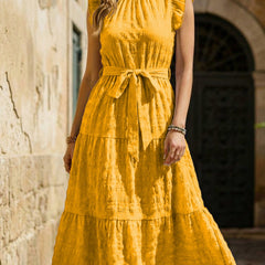 White ruffled flutter sleeve tie textured dress, stylish and feminine, perfect for casual or semi-formal occasions.