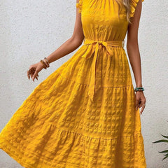 Yellow ruffled flutter sleeve tie textured dress, stylish and lightweight, perfect for warm weather, by My Store.