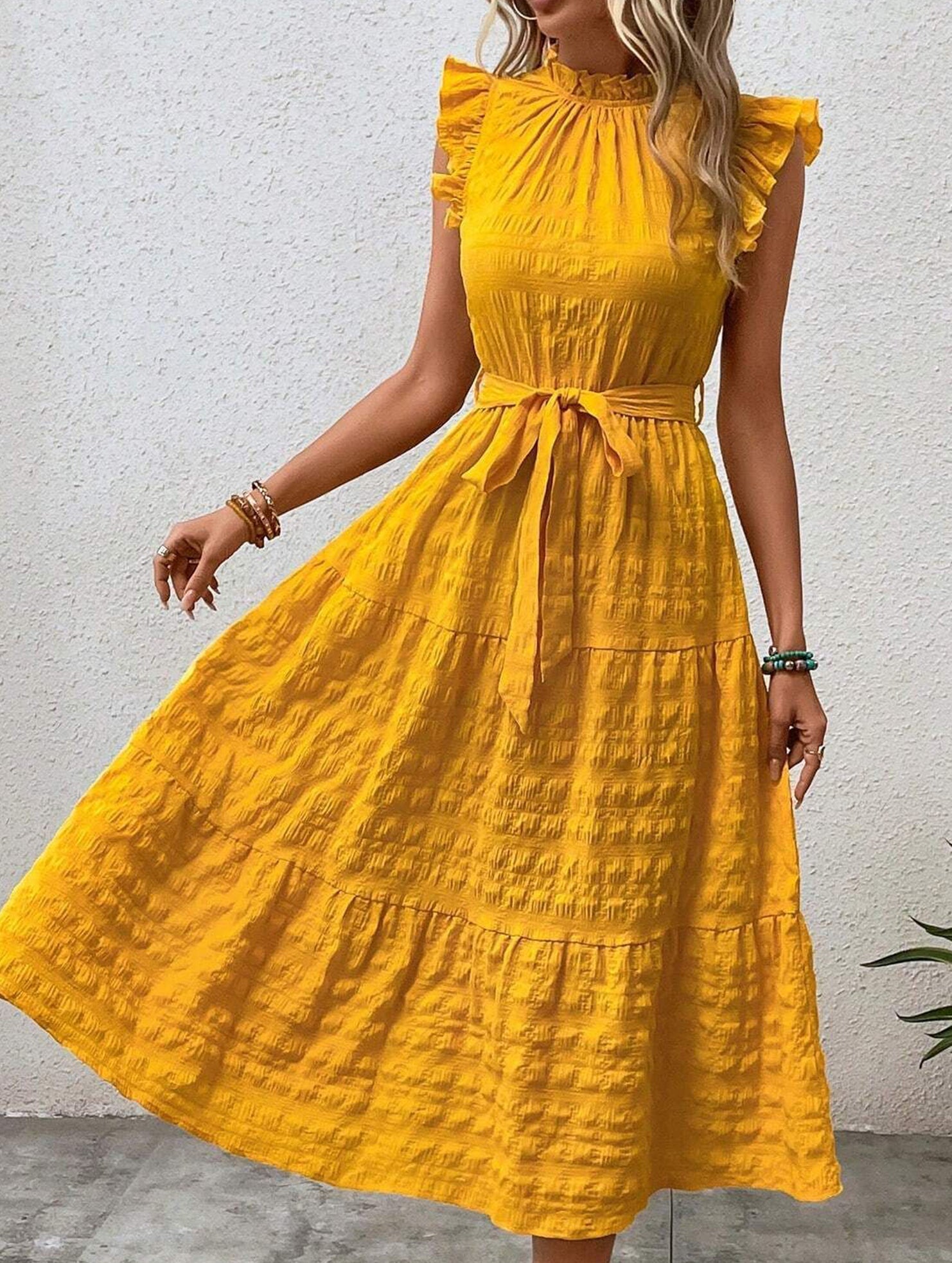 Yellow ruffled flutter sleeve tie textured dress, stylish and lightweight, perfect for warm weather, by My Store.